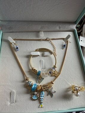 Gold-Tone Beach Charm Necklace & Bracelet Set with Blue Accents